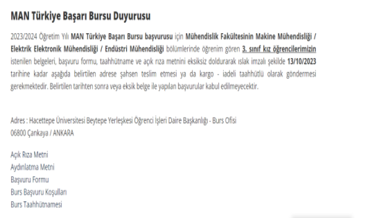 Hacettepe Üniversitesi -MAN Türkiye Başarı Bursu Duyurusu