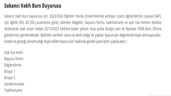 Hacettepe Üniversitesi - Sabancı Vakfı Burs Duyurusu