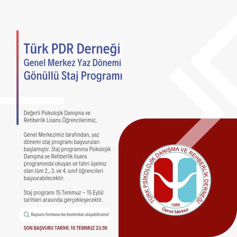 Türk PDR Derneği Genel Merkez Yaz Dönemi-Gönüllü Staj Programı