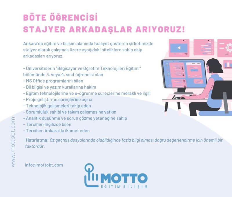 MOTTO Eğitim Bilişim-BÖTE Öğrencisi Stajyer İlanı 