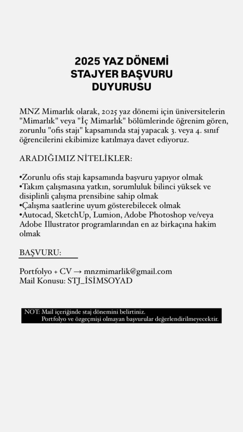 MNZ Mimarlık-Stajyer İlanı