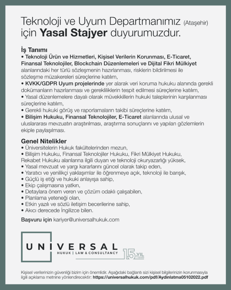  Universal Hukuk Law Office - Yasal Stajyer Duyurusu