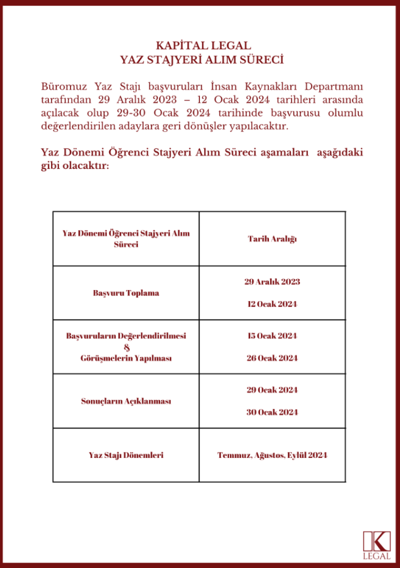 Kapital Legal - Yaz Dönemi Öğrenci Staj Programı