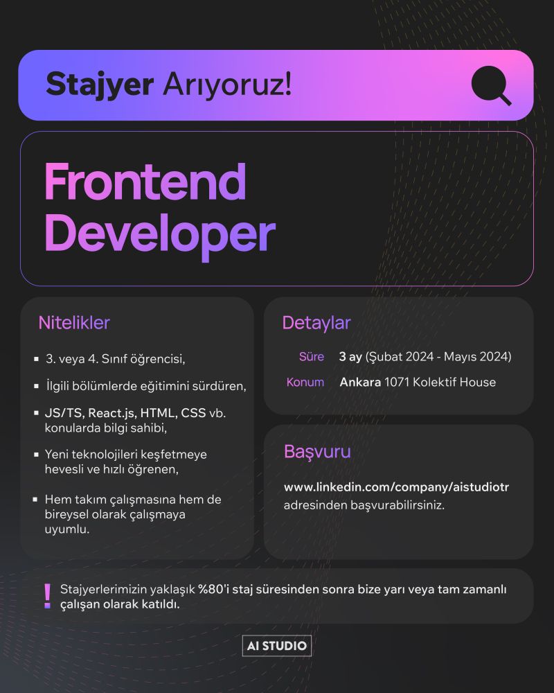 AISTUDIO - Frontend Developer Stajyer İlanı